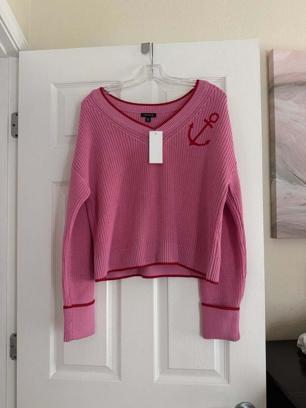 VENUS NWT Pink Anchor Icon V-Neck Ribbed Cropped Pullover Sweater